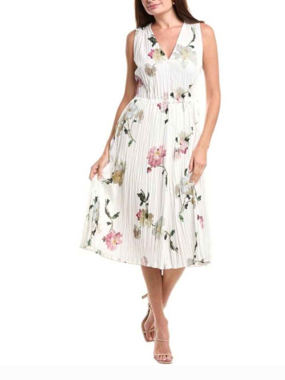 Vince Wilted Peony Pleated V-Neck Midi Dress in White Peony NWT $528